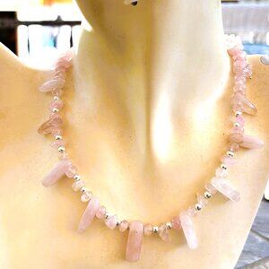 Rose Quartz & Sterling Silver Statement Choker &  Earrings